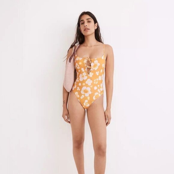 NWT Madewell Second Wave Tie-Front One-Piece Swimsuit in Watercolor Floral - Picture 1 of 10